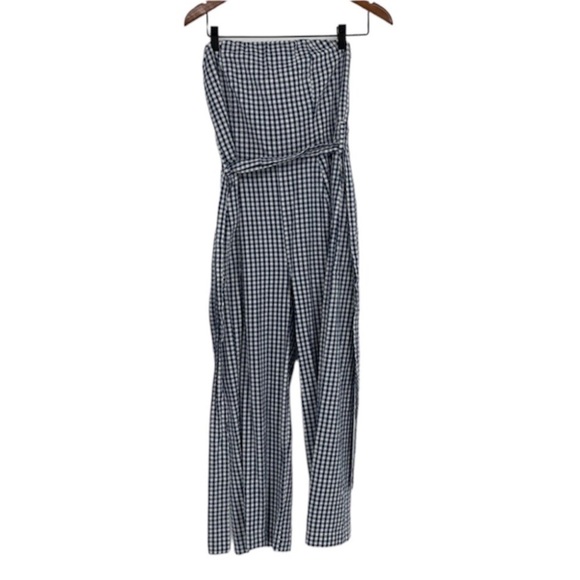 Kenar Gingham blue white checkered strapless jumpsuit waist tie  100% cotton XS - Picture 3 of 16